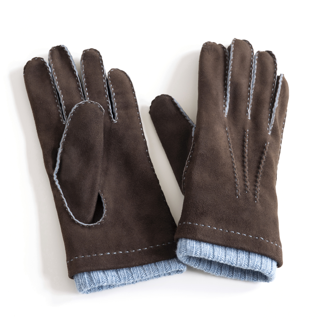 Herrenhandschuhe Ziegenleder Stulpe Braun/ Hellblau Gr. 9