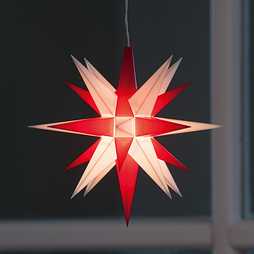 Kleiner Herrnhuter Stern aus Kunststoff Weiß/Rot (LED) Kleiner Herrnhuter Stern aus Kunststoff Weiß/Rot (LED)