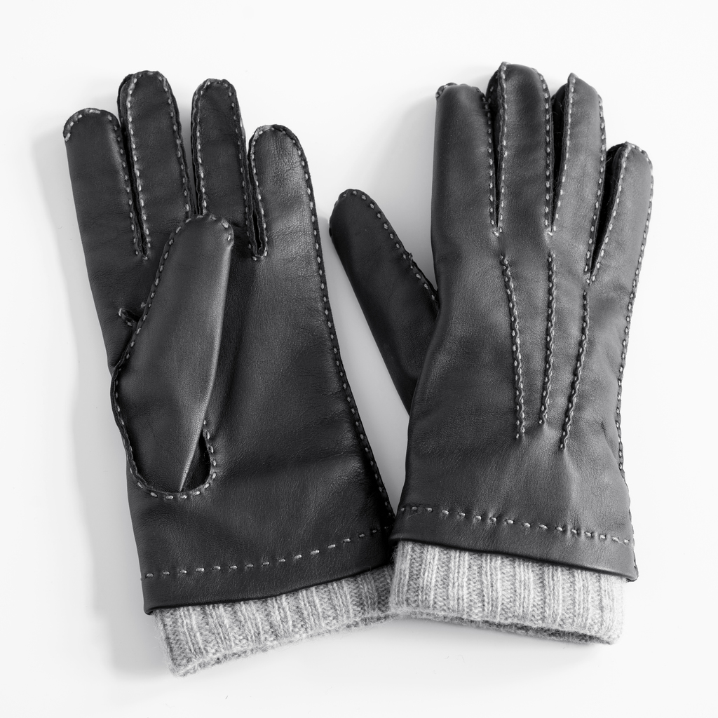 Herrenhandschuhe Hirschleder mit Stulpe Schwarz/Grau Gr. 8,5