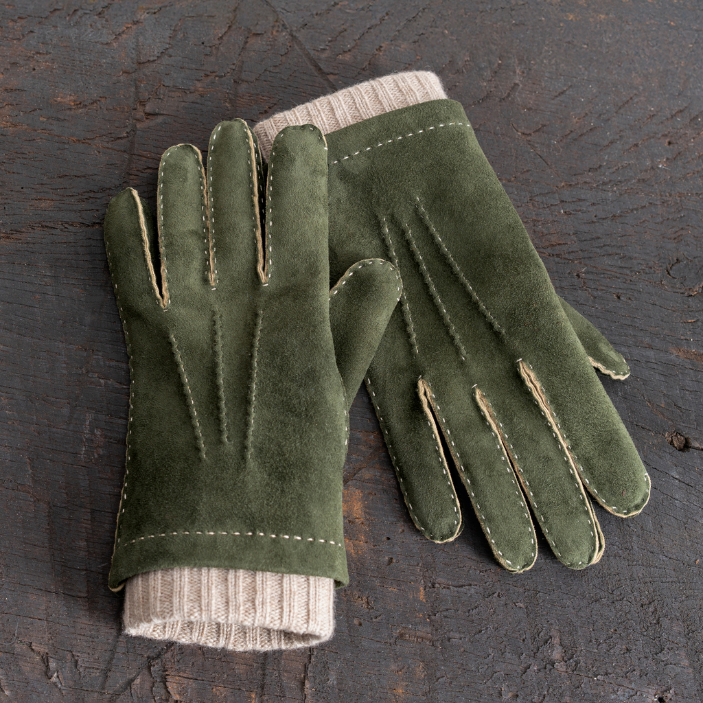 Herrenhandschuhe Ziegenleder Stulpe Grün/ Beige Gr. 9 - 2 Herrenhandschuhe Ziegenleder Stulpe Grün/ Beige Gr. 9 - 2