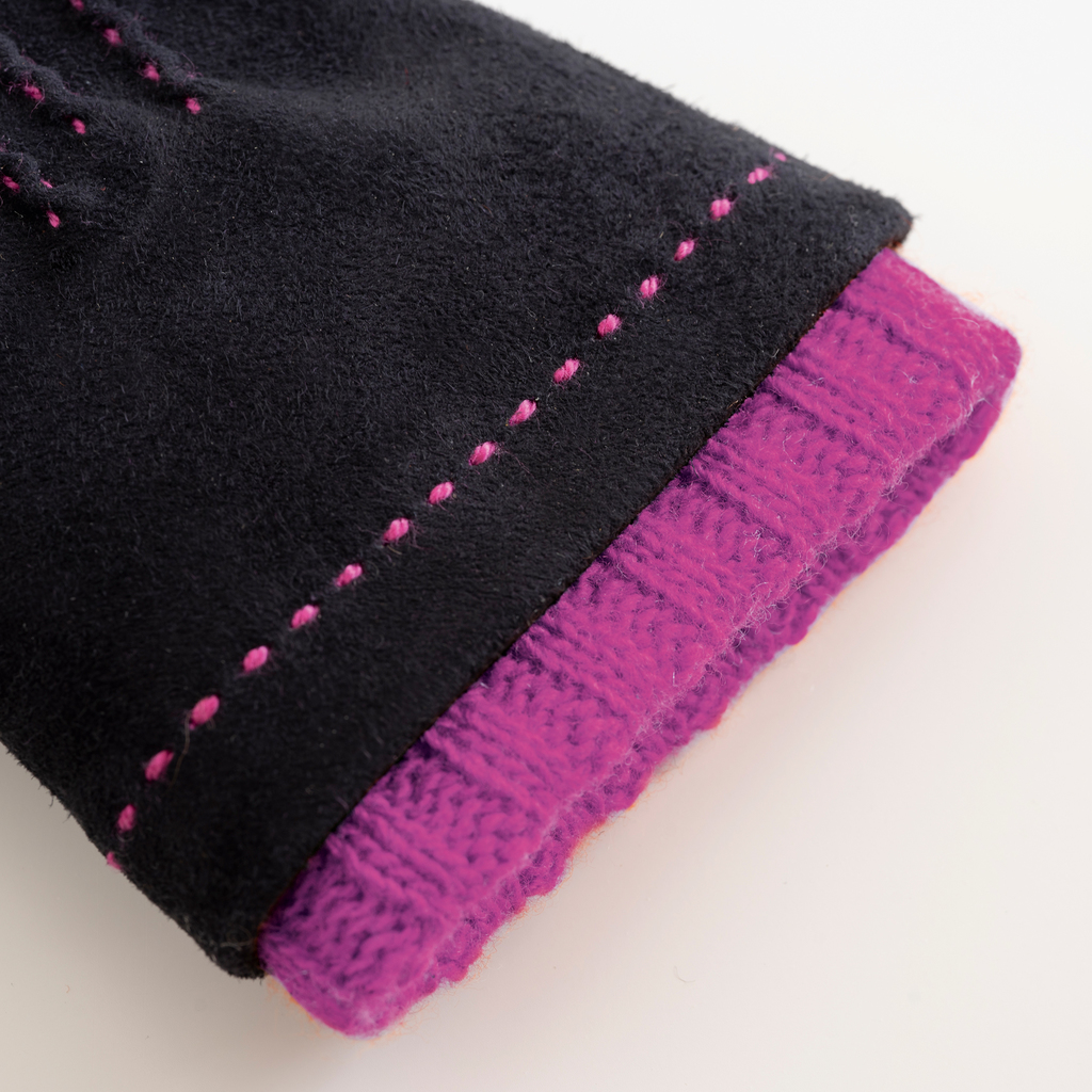 Damenhandschuhe aus Ziegenleder mit Stulpe Schwarz/Pink 7 - 2