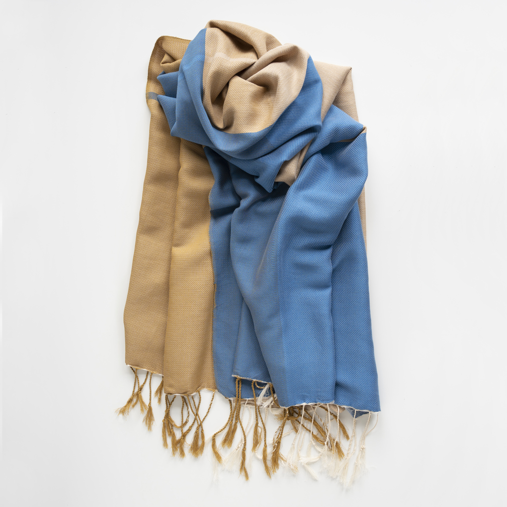 Nsija Stola handgewebte Baumwolle Blau-Gold-Natur