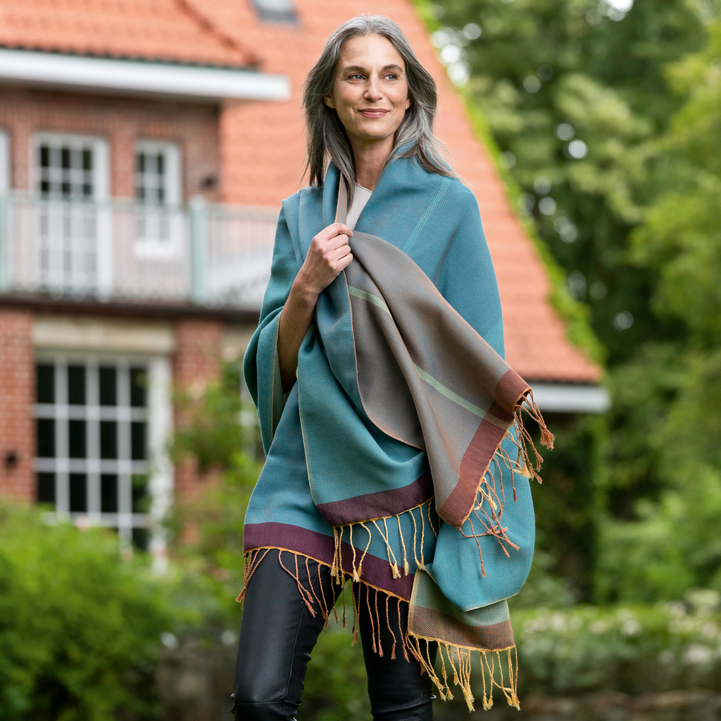 Nsija Stola handgewebte Baumwolle Khaki-Blau-Grau - 2