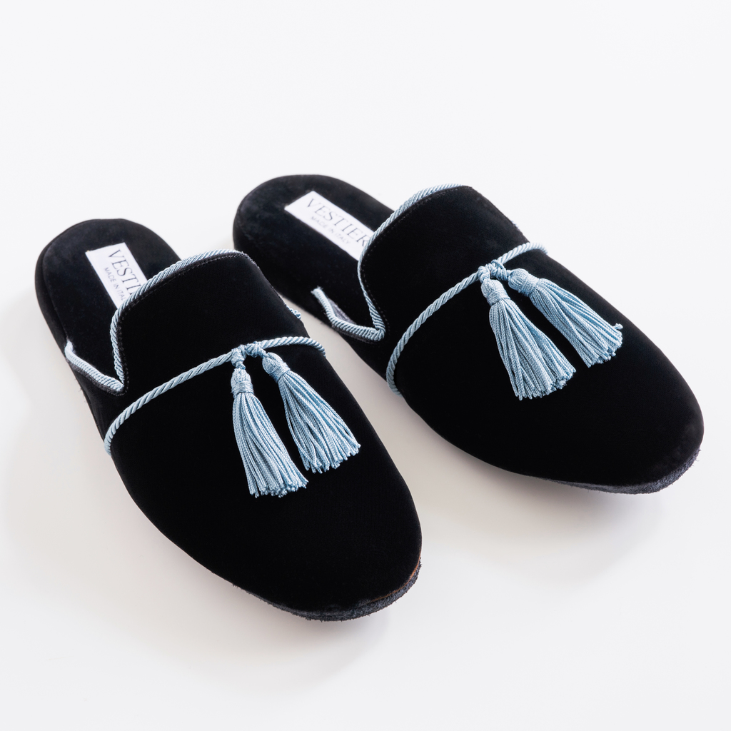 Vestieri Samtslipper Villa Herren Black/Blue Gr. 44 Vestieri Samtslipper Villa Herren Black/Blue Gr. 44