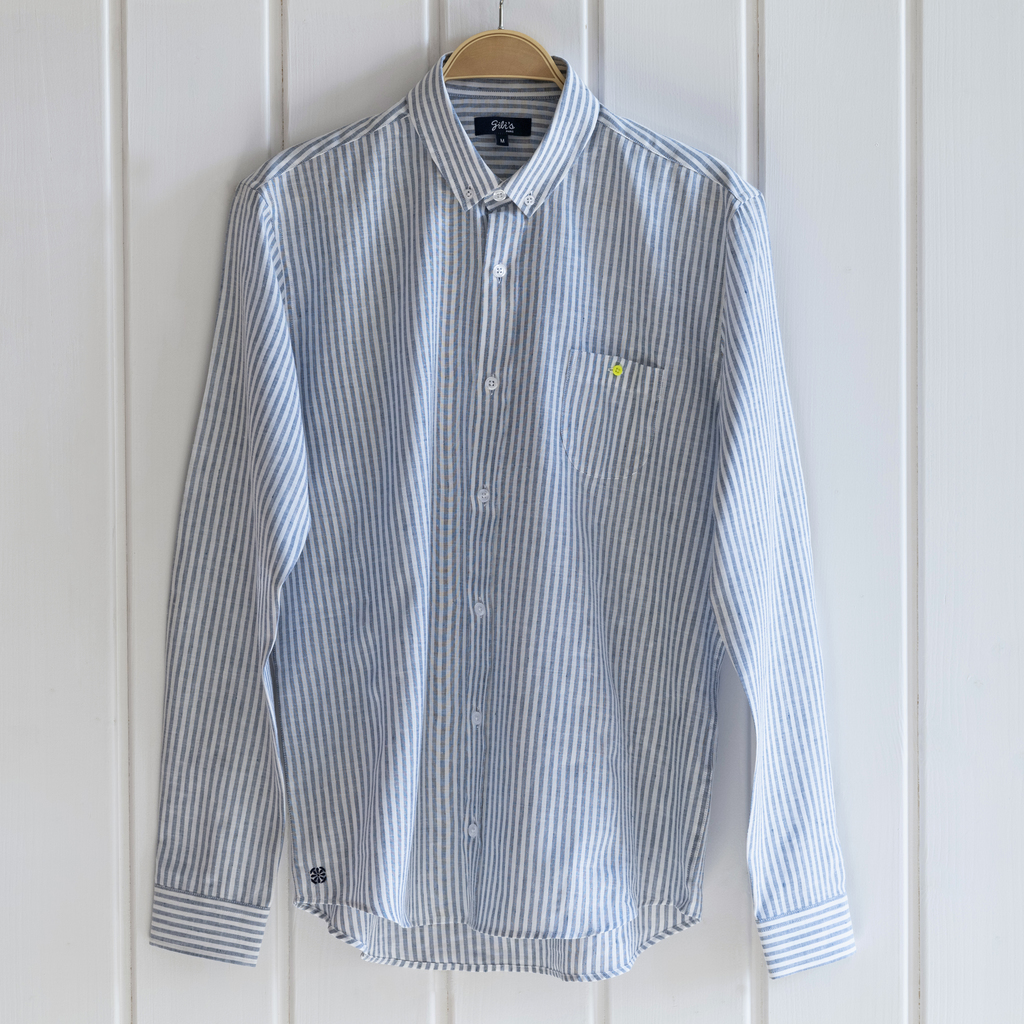 Baumwoll Leinenhemd blau/weiß - Größe S - 2