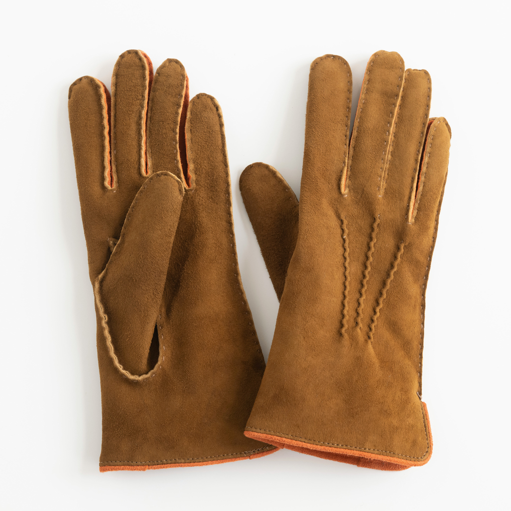 Damenhandschuhe Ziegenleder Kontrast Braun / Orange Gr. 8 Damenhandschuhe Ziegenleder Kontrast Braun / Orange Gr. 8