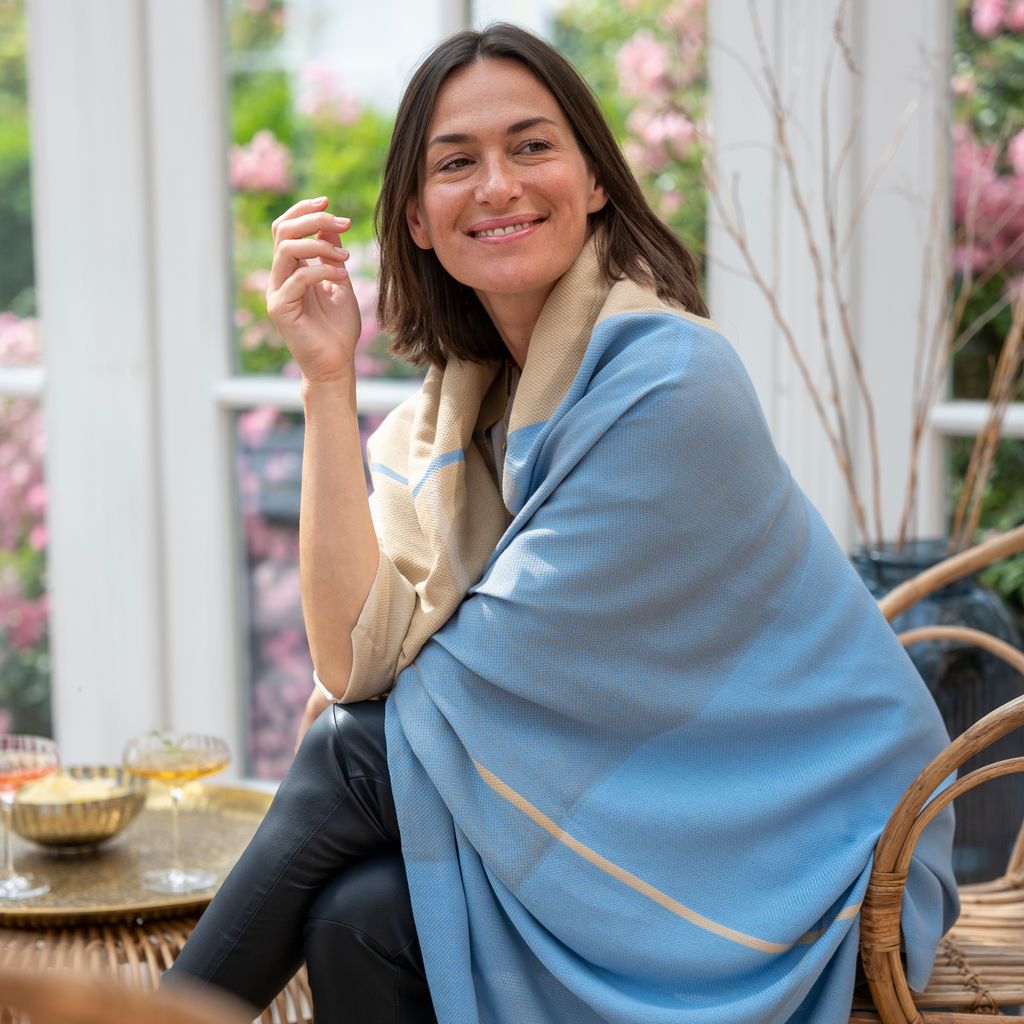 Nsija Stola handgewebte Baumwolle Blau-Gold-Natur - 2