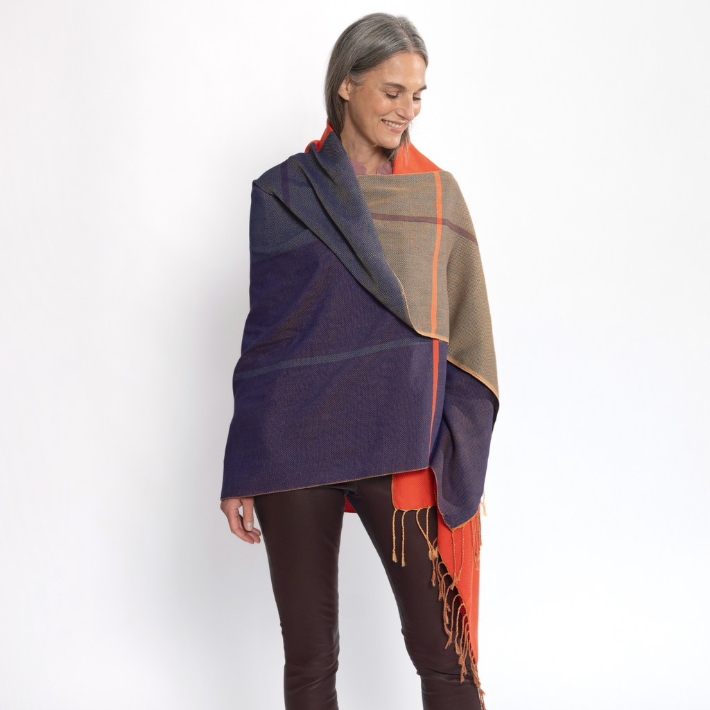 Nsija Stola handgewebte Baumwolle Orange-Blau-Gold - 3