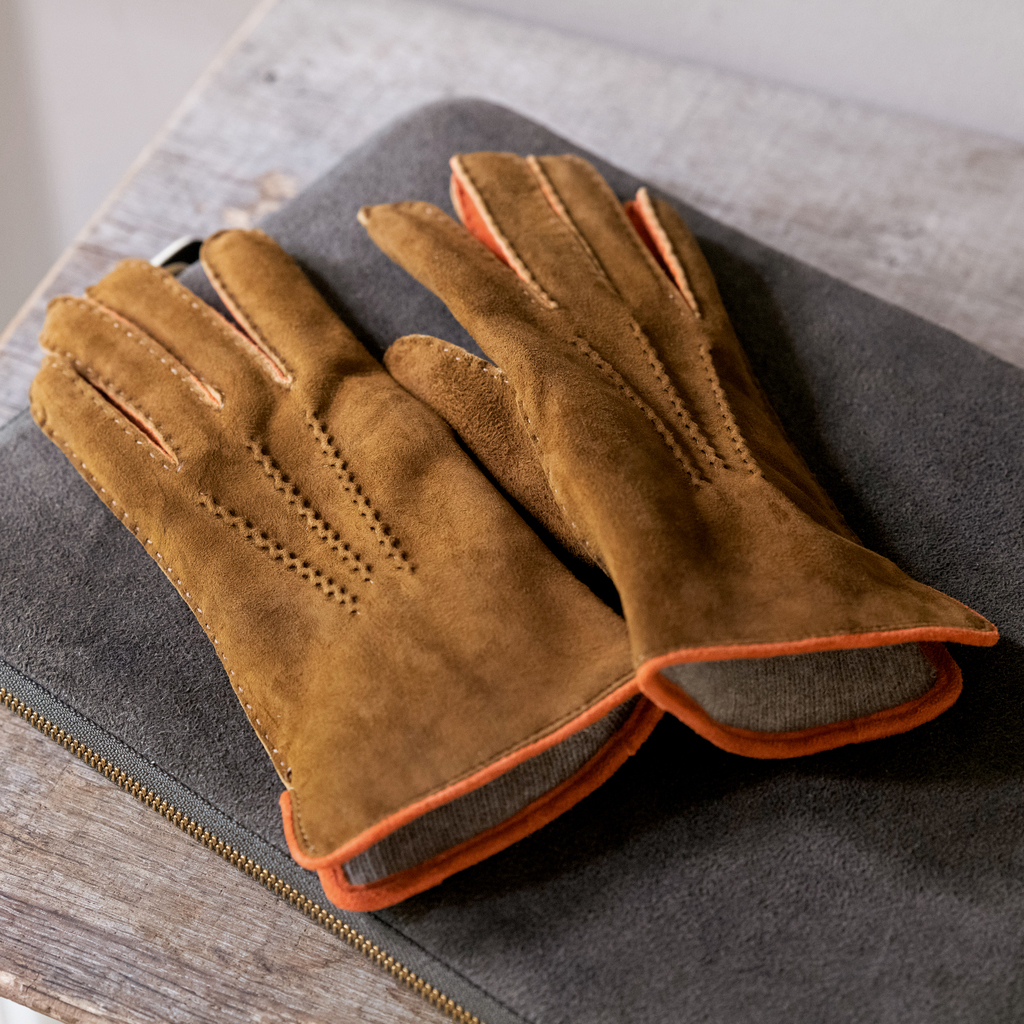 Damenhandschuhe Ziegenleder Kontrast Braun / Orange Gr. 8 - 2 Damenhandschuhe Ziegenleder Kontrast Braun / Orange Gr. 8 - 2