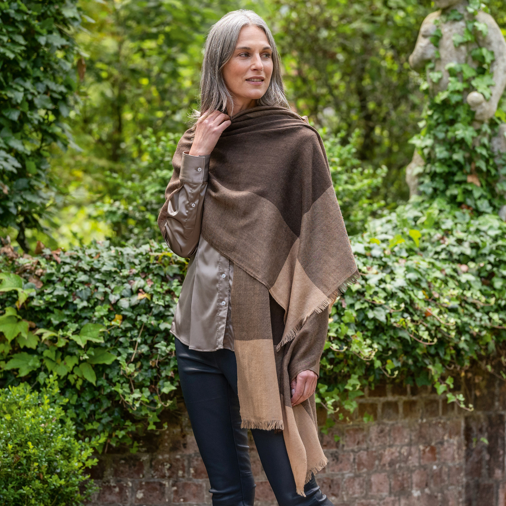 Kashmir Loom x Torquato Block-Check-Stola Camel / Dark Yak - 2
