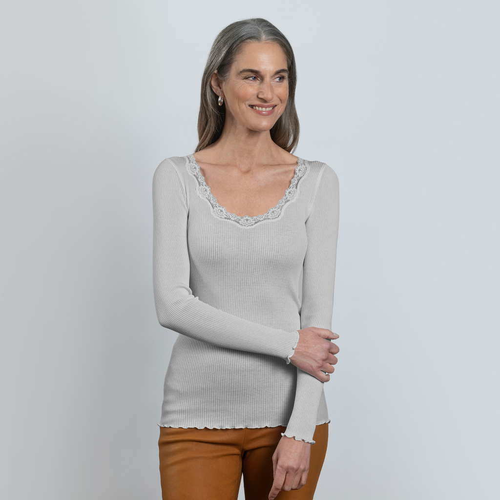Rosemunde Langarm-Seidenshirt mit Spitze Babette Grau M