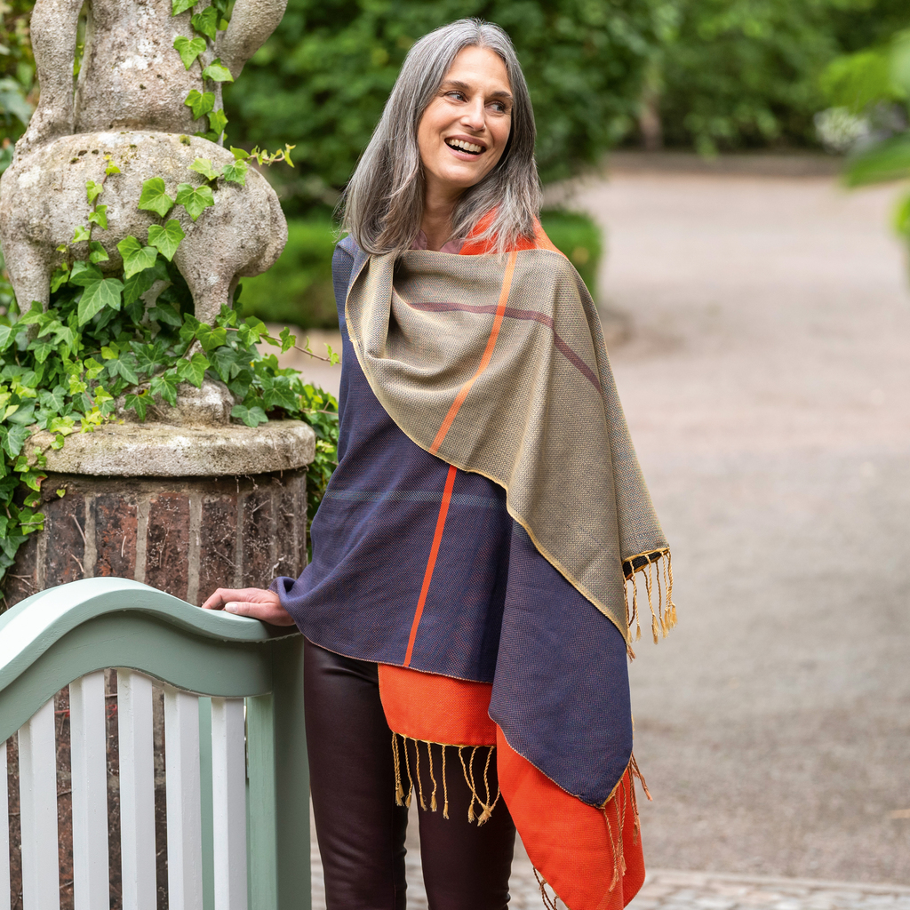 Nsija Stola handgewebte Baumwolle Orange-Blau-Gold - 2 Nsija Stola handgewebte Baumwolle Orange-Blau-Gold - 2