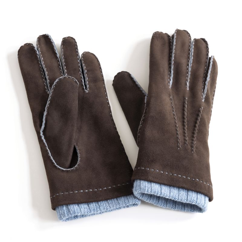 Herrenhandschuhe Ziegenleder Stulpe Braun/ Hellblau Gr. 9