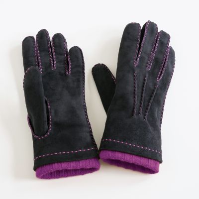 Damenhandschuhe aus Ziegenleder mit Stulpe Schwarz/Pink 7