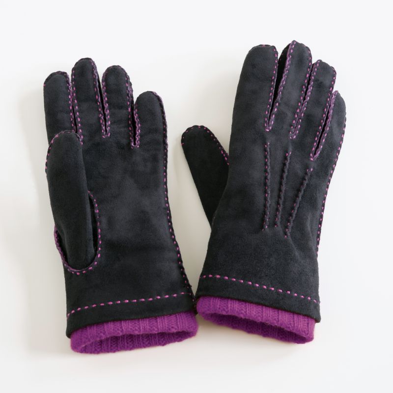 Damenhandschuhe aus Ziegenleder mit Stulpe Schwarz/ Pink 7