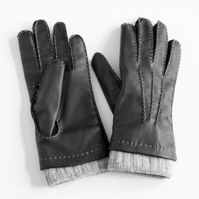 Herrenhandschuhe Hirschleder mit Stulpe Schwarz/Grau Gr. 8,5