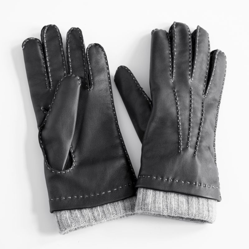 Herrenhandschuhe Hirschleder mit Stulpe Schwarz/Grau Gr. 8,5