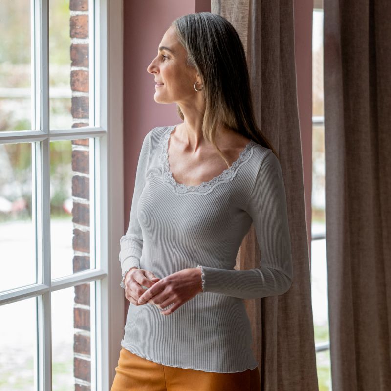 Rosemunde Langarm-Seidenshirt mit Spitze Babette Grau M - 3