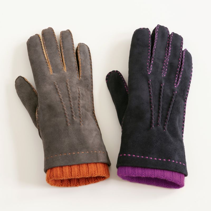 Damenhandschuhe aus Ziegenleder mit Stulpe Grau/Orange 6,5