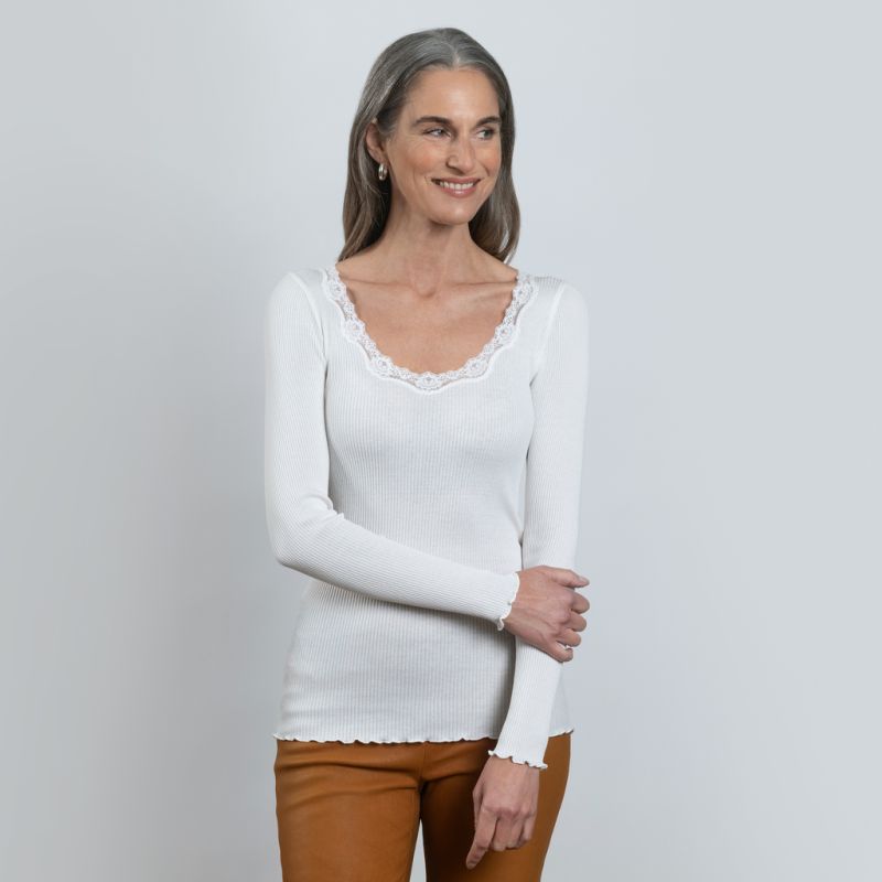 Rosemunde Langarm-Seidenshirt mit Spitze Babette Weiß S