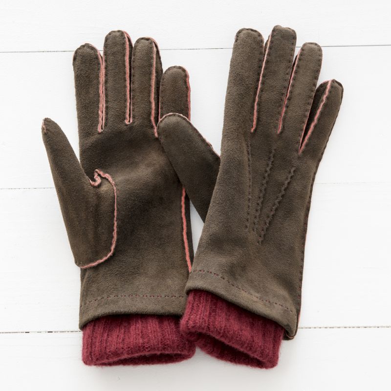 Damenhandschuhe mit Stulpe Braun/Bordeaux Gr. 7