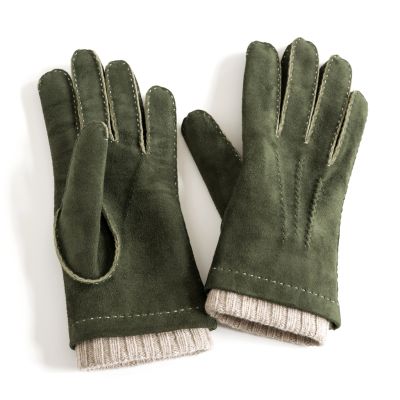 Herrenhandschuhe Ziegenleder Stulpe Grün/ Beige Gr. 9,5