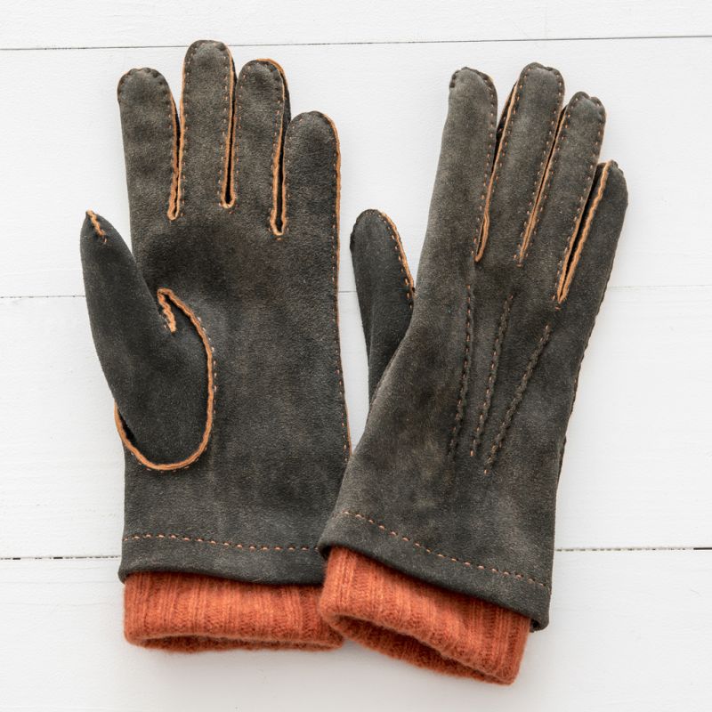 Damenhandschuhe aus Ziegenleder mit Stulpe Grau/Orange 6,5