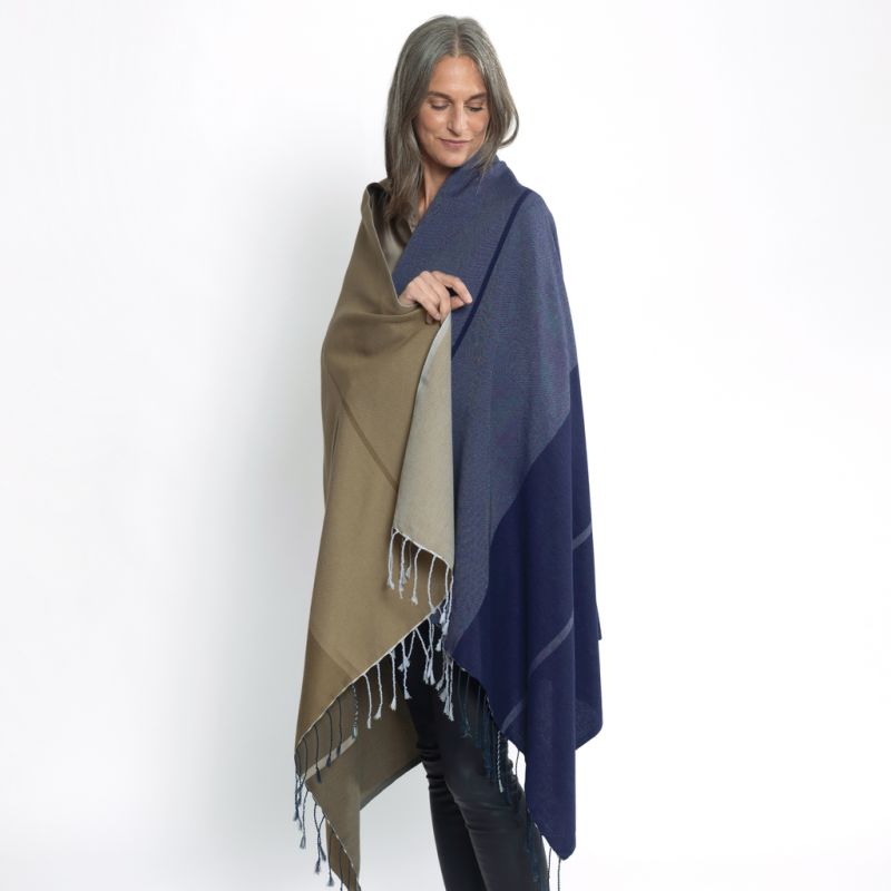 Nsija Stola handgewebte Baumwolle Khaki-Blau-Grau - 4