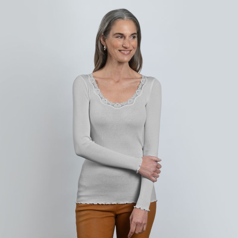 Rosemunde Langarm-Seidenshirt mit Spitze Babette Grau M