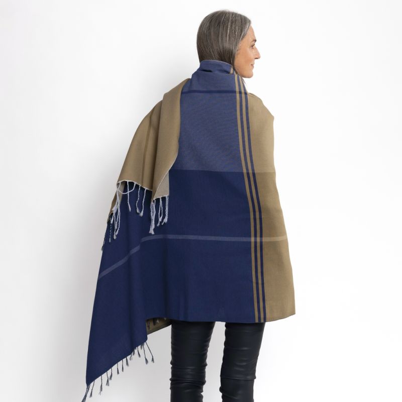 Nsija Stola handgewebte Baumwolle Khaki-Blau-Grau - 2